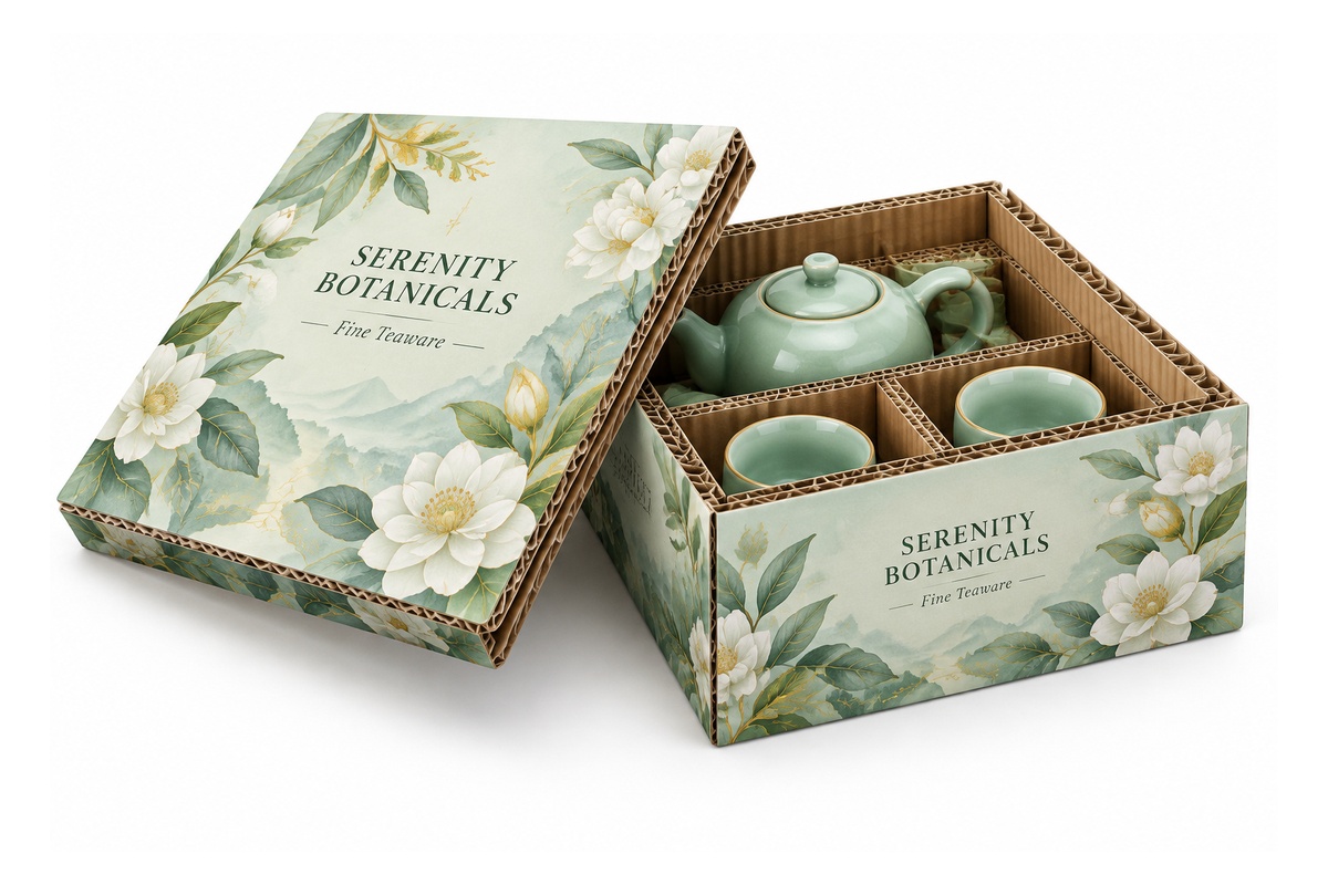 Artisan Porcelain Tea Set Corrugated Lid & Base Presentation Box packaging product
