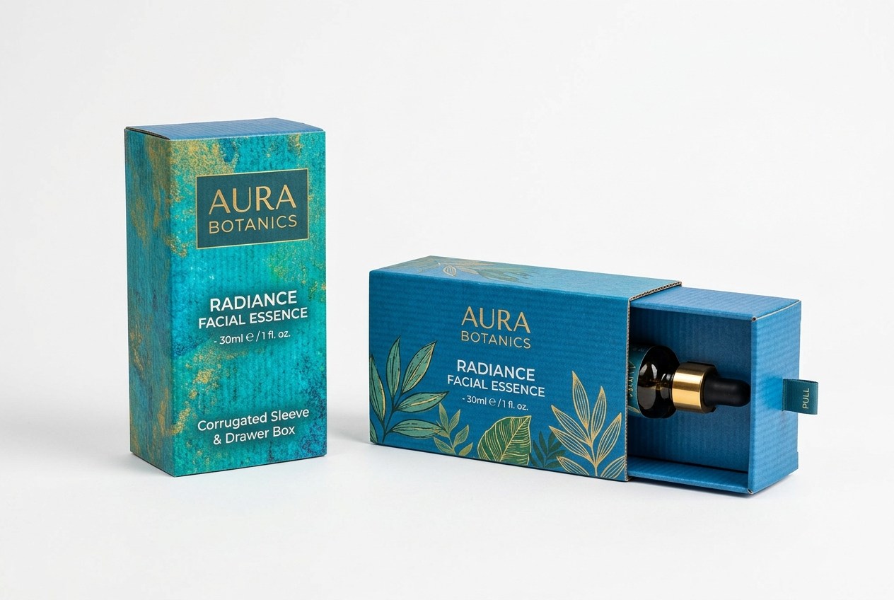 Aura Botanics Serum Sleeve & Drawer Box packaging product