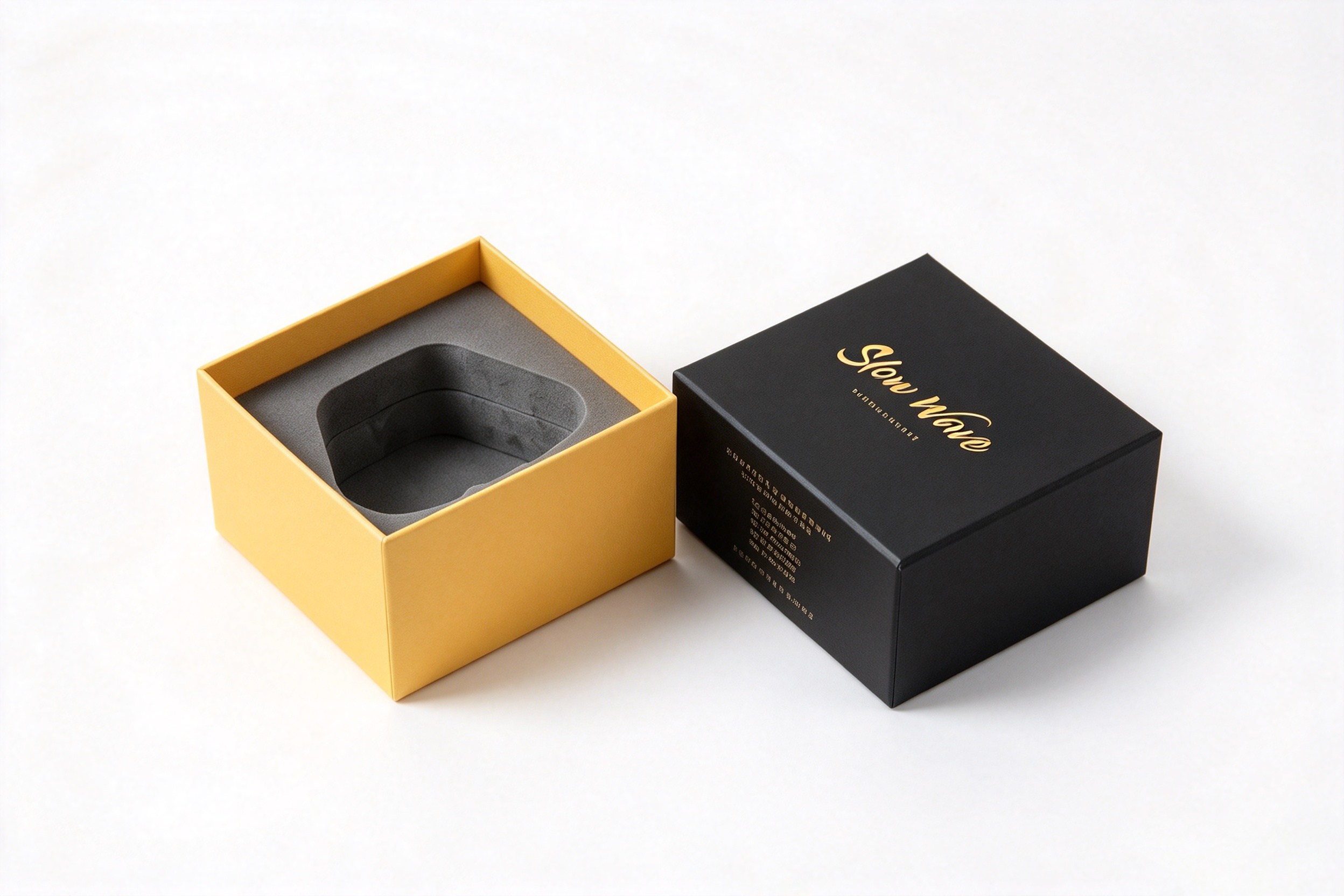 Black & Mustard Watch Lid & Base Box with Molded Cushion packaging product
