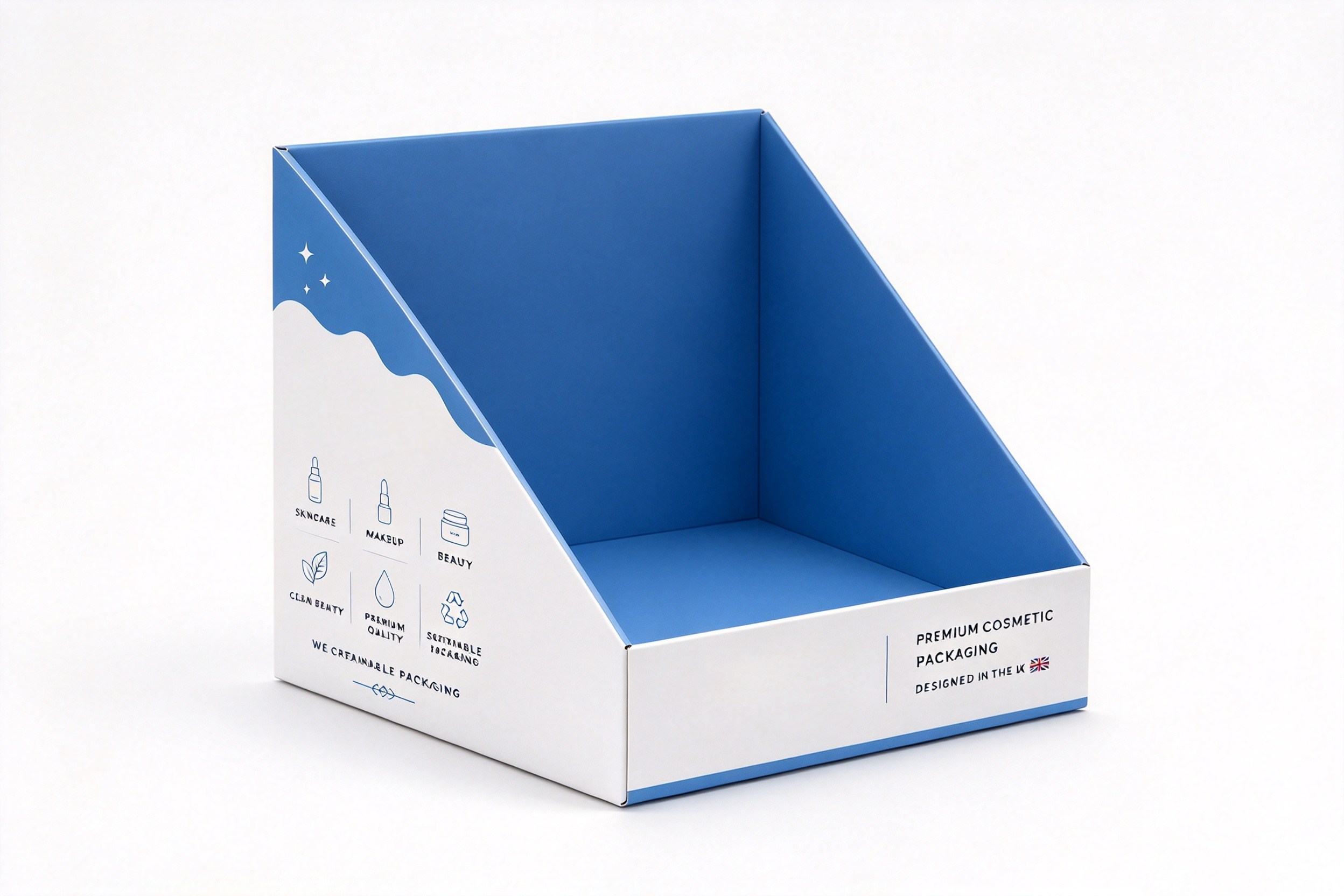 Blue Cosmetic Counter Display Bin with Icon Panels packaging product