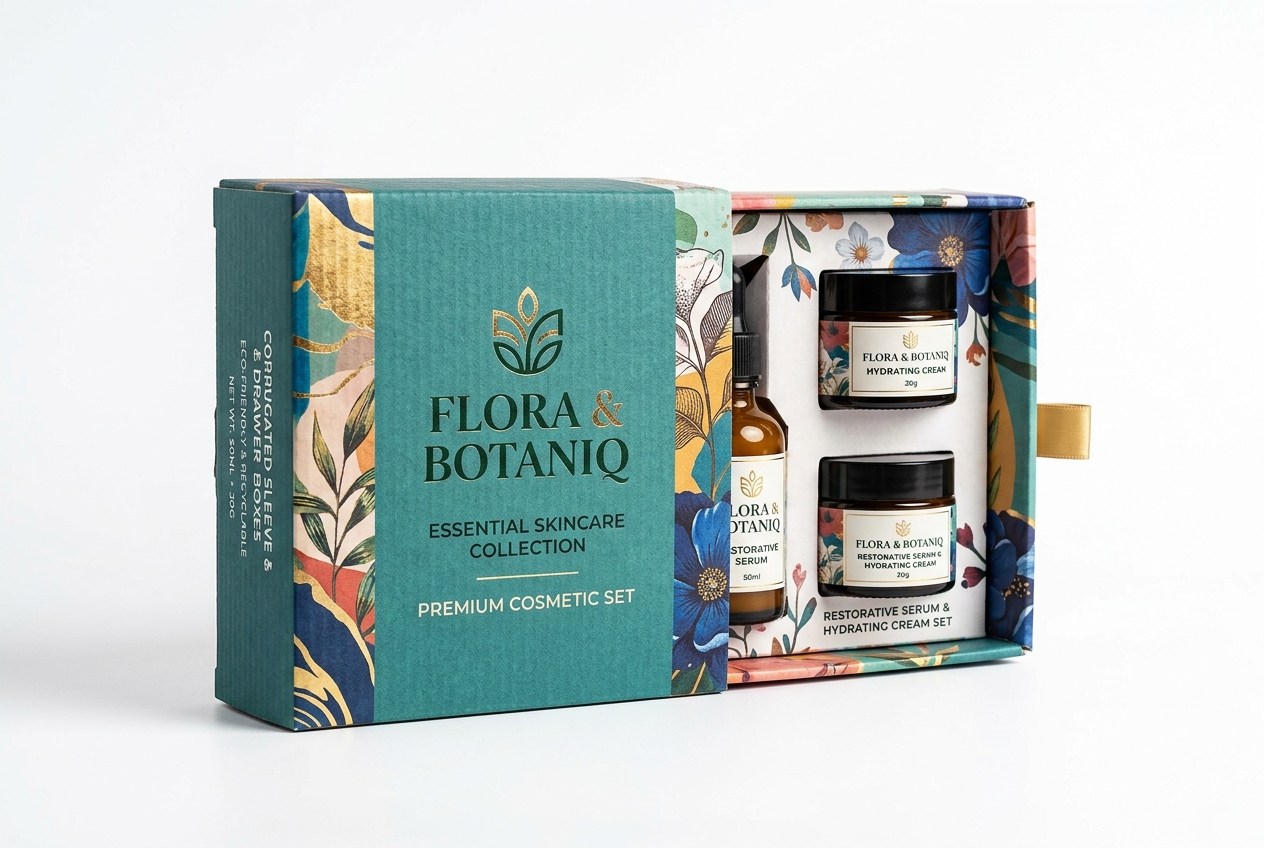 Flora & Botaniq Essential Skincare Sleeve & Drawer Set packaging product