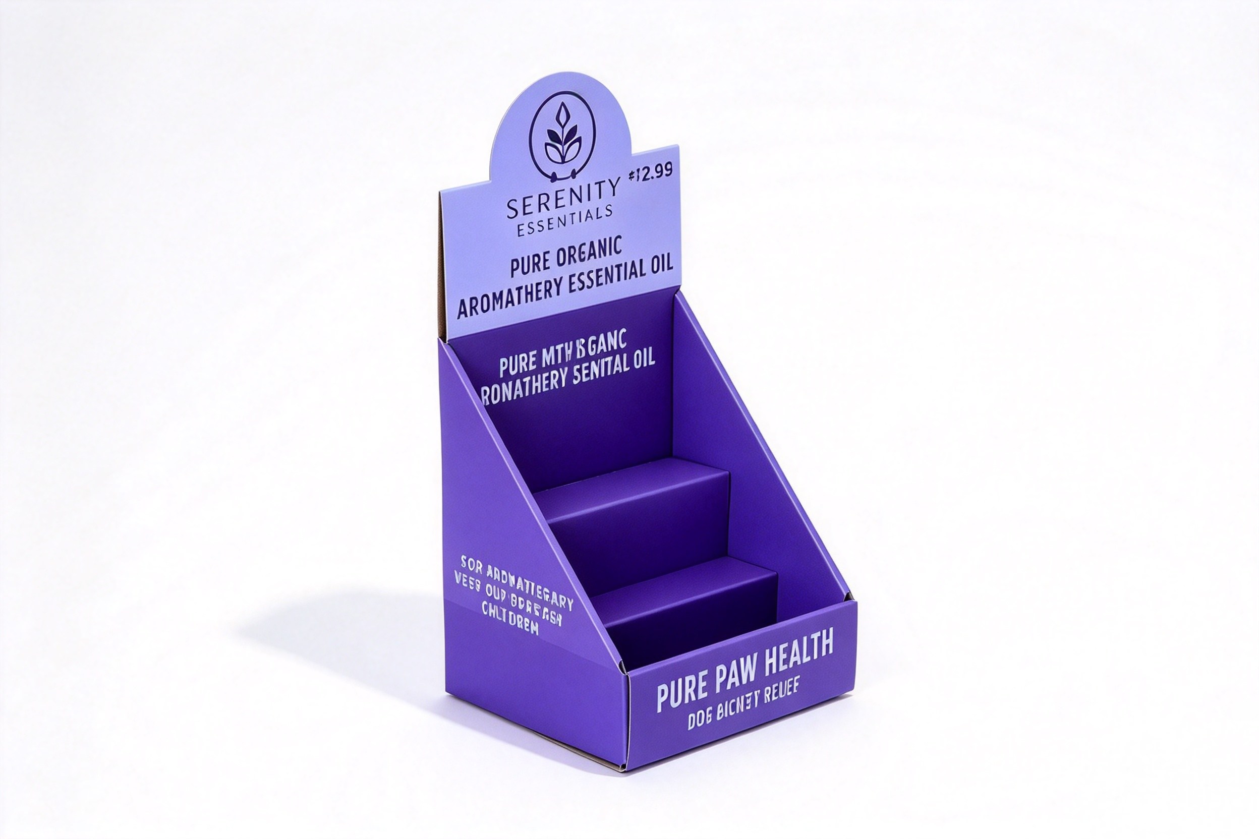 Purple Stepped Counter Display for Aromatherapy Oils packaging product